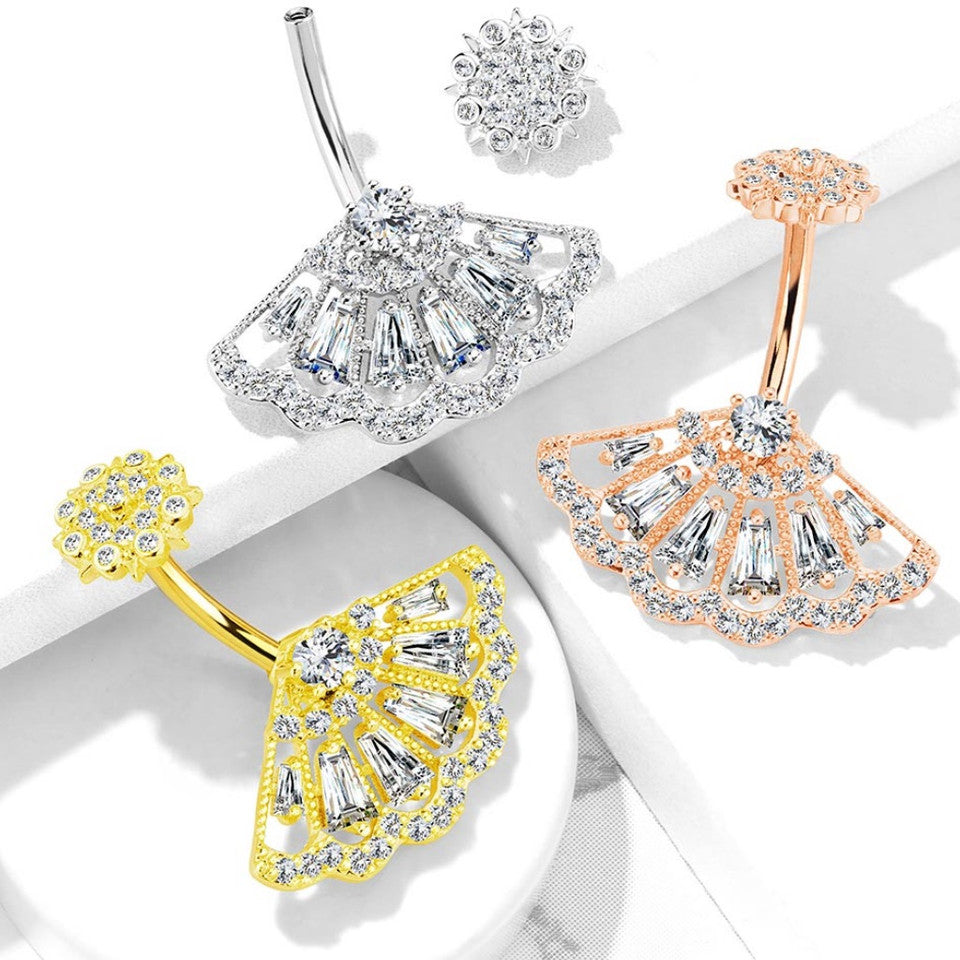 316L Surgical Steel CZ Paved Vintage Fan With Internally Threaded CZ...