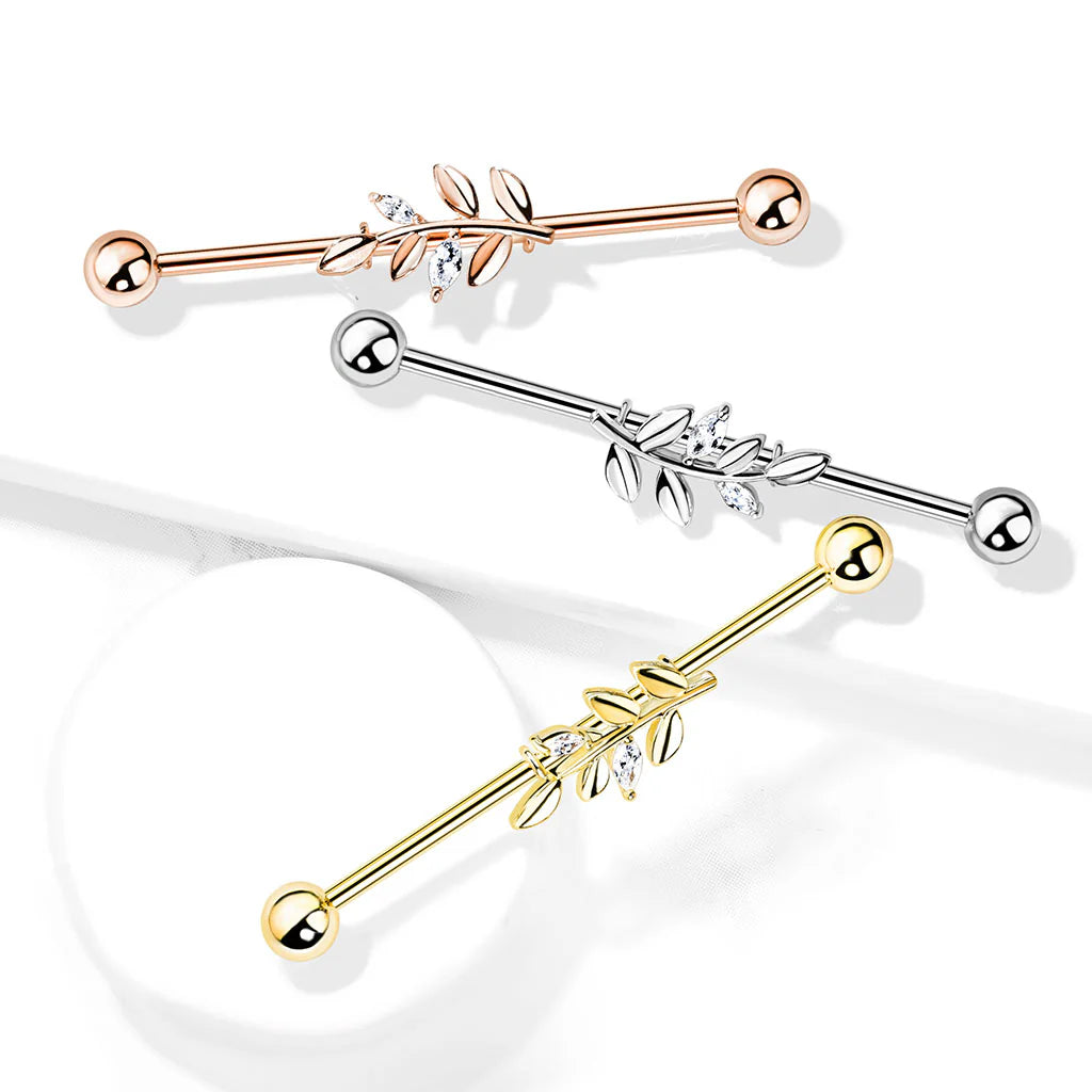 316L Surgical Steel CZ Set Leaf 316L Surgical Steel Industrial Barbells