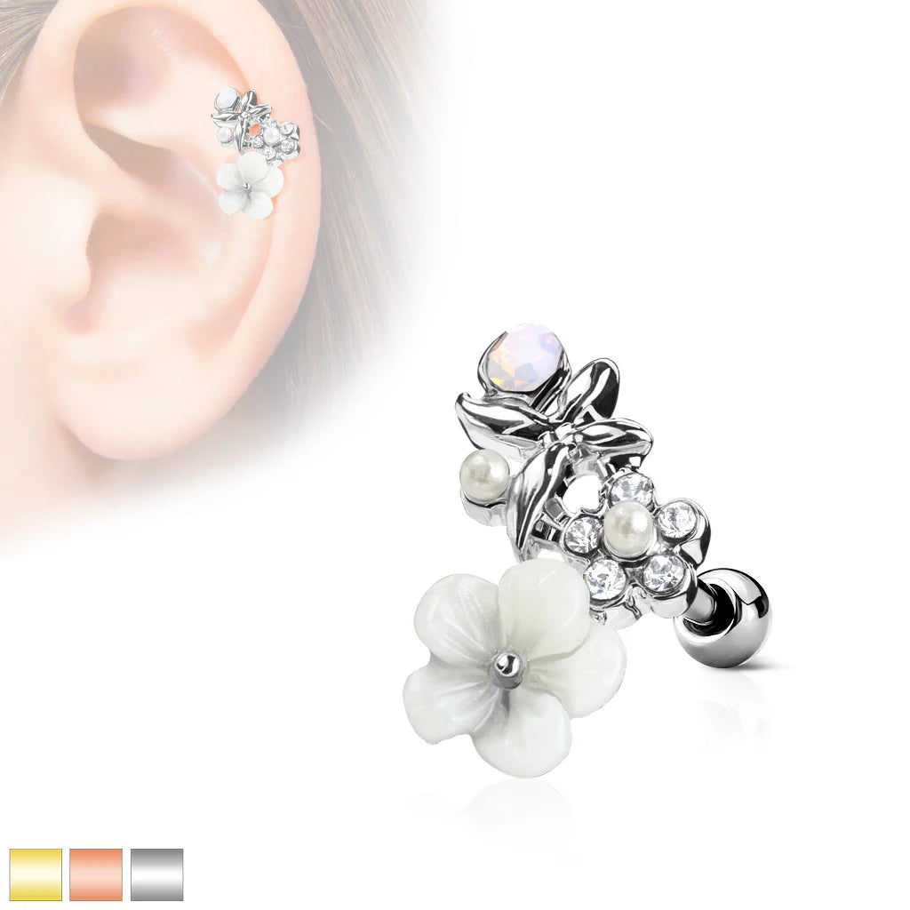 316L Surgical Steel CZ and Clay Flowers Curve Top 316L Surgical Steel...