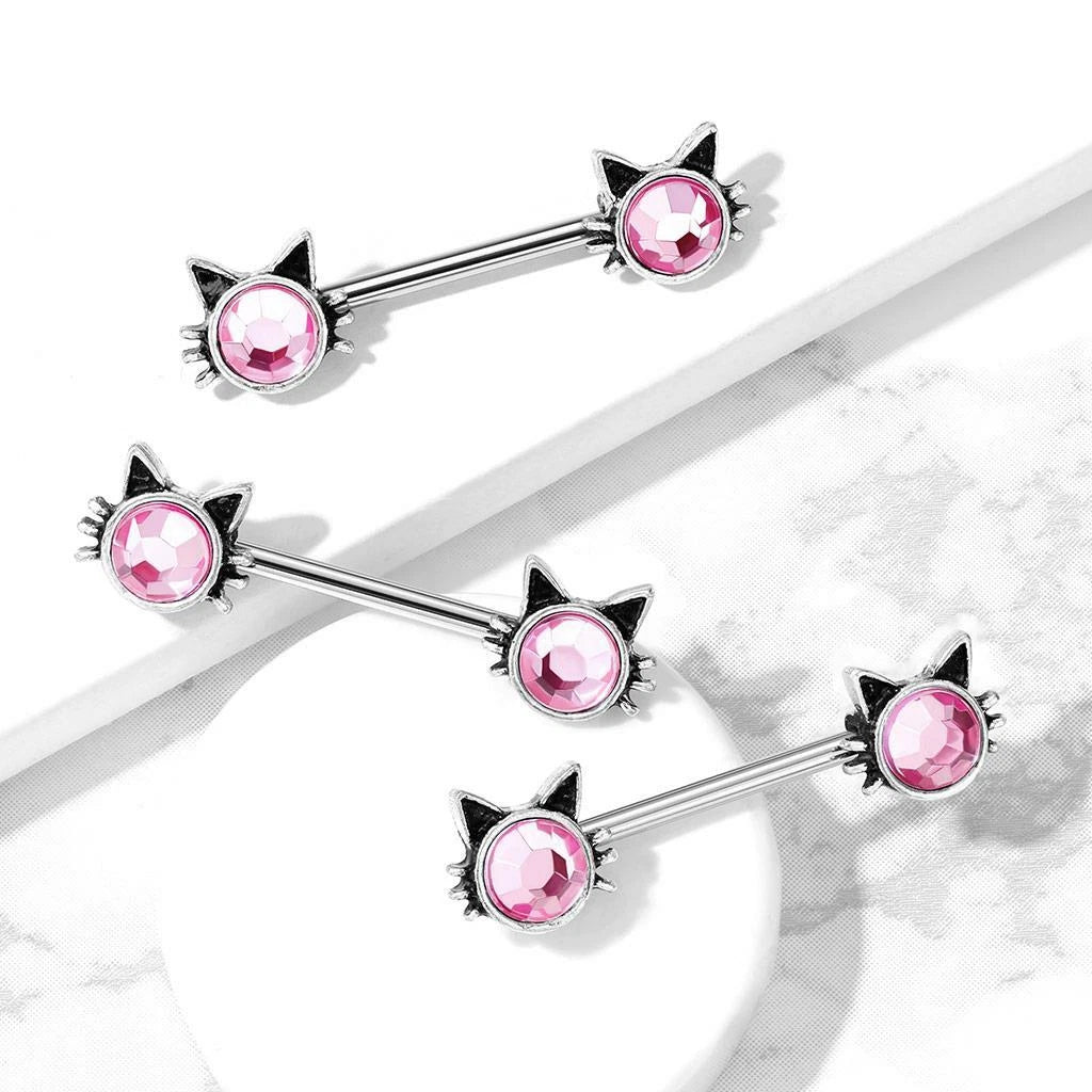 316L Surgical Steel Cat with Pink Stone Set Ends 316L Surgical Steel...