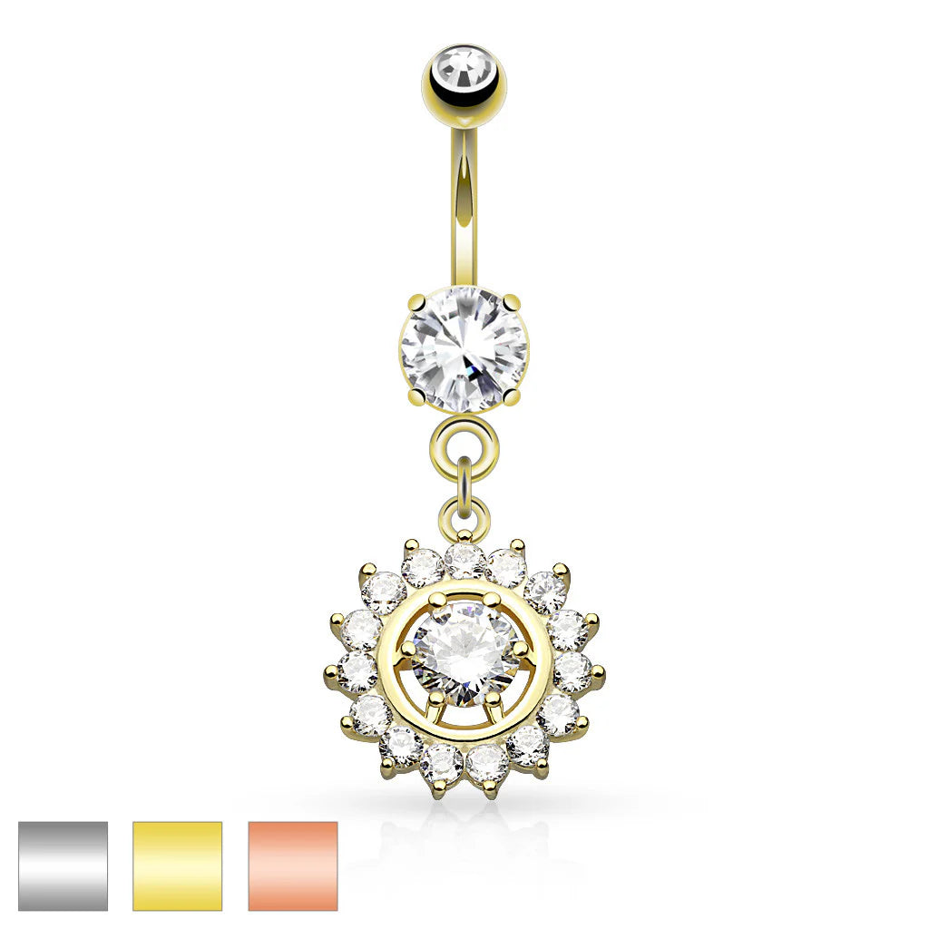 316L Surgical Steel Claw Set CZ Around CZ Center Dangle Belly Button Ring