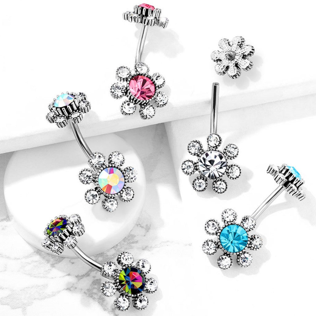 316L Surgical Steel Colored Gem Center and Clear Gem Petals Antique...