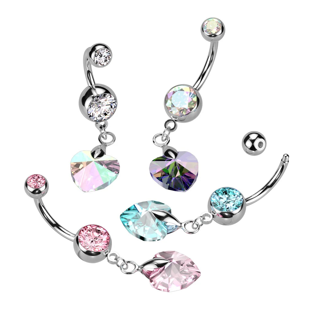 316L Surgical Steel Crystal Ray Prism Heart Dangle Navel Ring