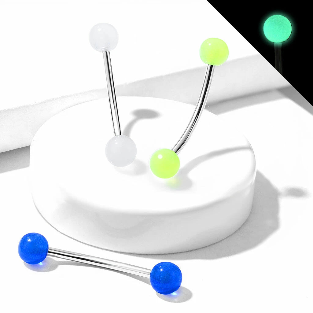 316L Surgical Steel Curved Barbell with Glow in the Dark Ball Ends for...