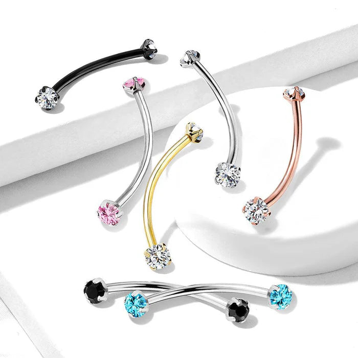 316L Surgical Steel Curved Barbell with Prong Set Round CZ Ends for...