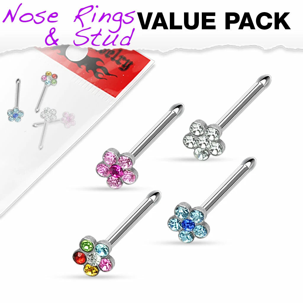 316L Surgical Steel Flower Multi-Gem Paved Top Nose Stud
