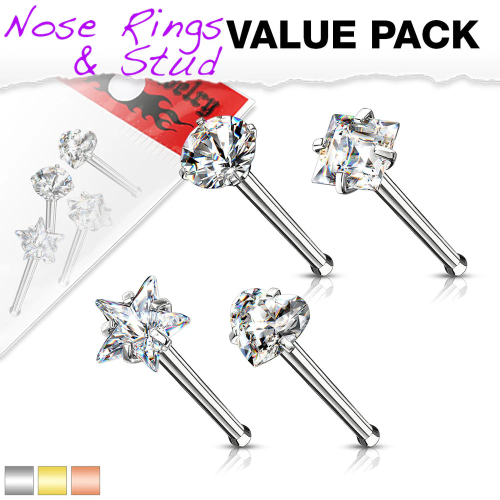 316L Surgical Steel Nose Bone Stud Rings With Prong Set CZ Mix