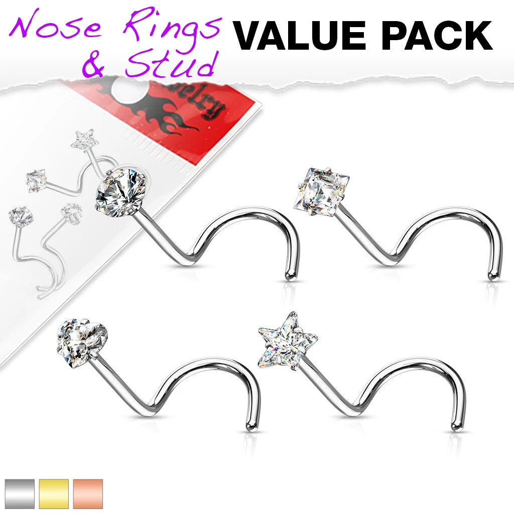 316L Surgical Steel Nose Screw Rings with Prong Set CZ Mix