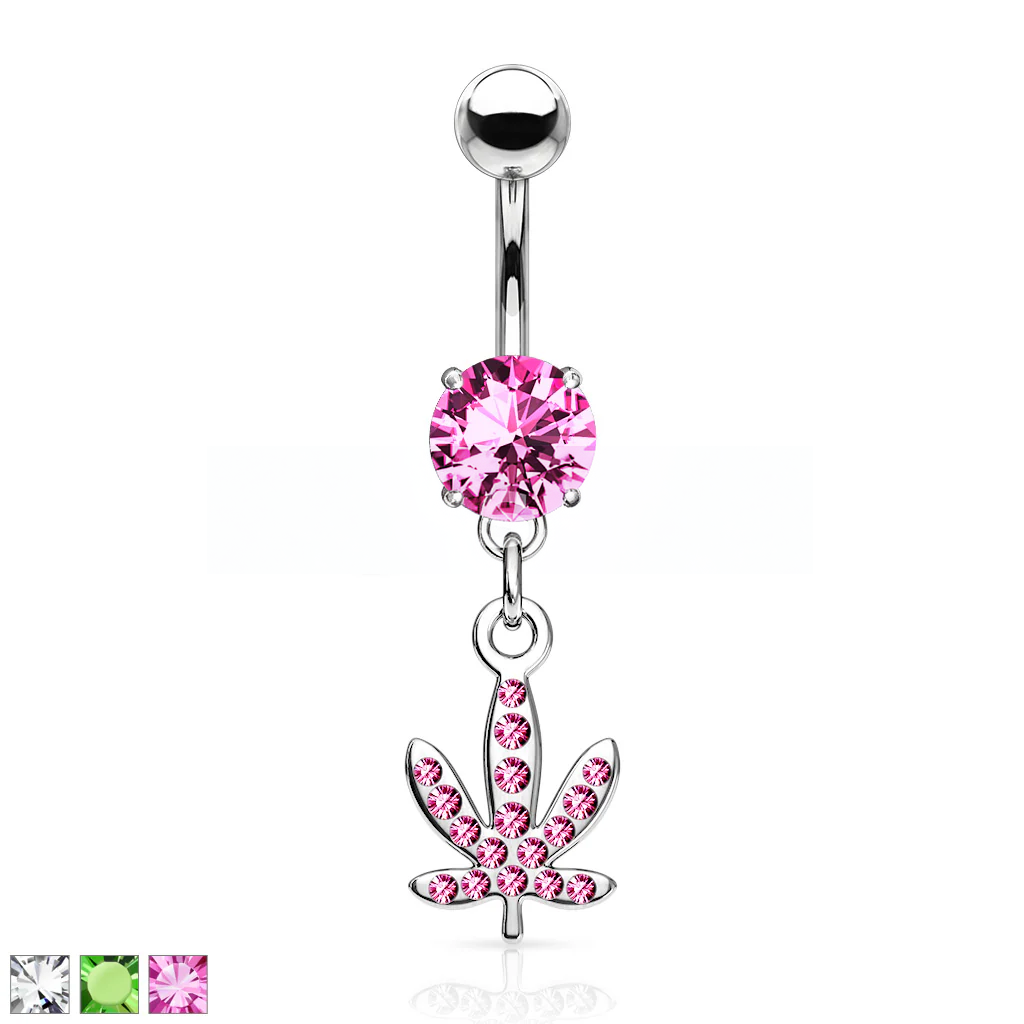 316L Surgical Steel Pot Leaf Gem Paved Dangle Belly Button Ring