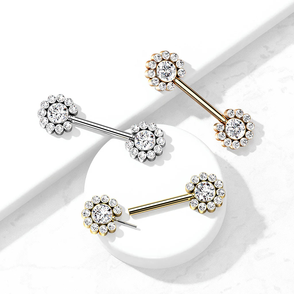 316L Surgical Steel Threadless Push In Nipple Barbell with 11 CZ Flower...