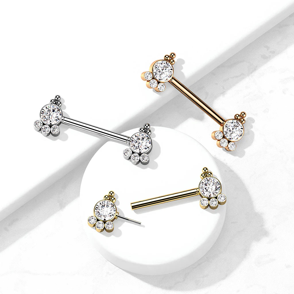 316L Surgical Steel Threadless Push In Nipple Barbell with 4 CZ and...