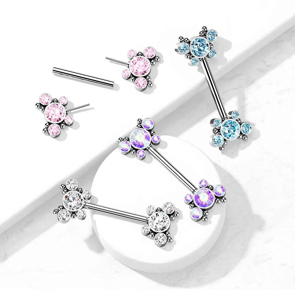316L Surgical Steel Threadless Push In Nipple Barbell with 5 CZ...