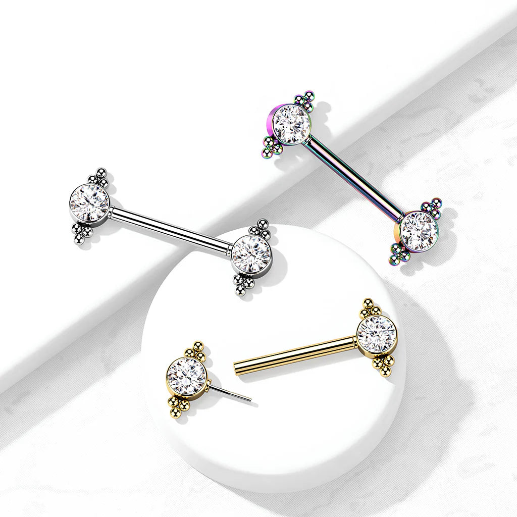 316L Surgical Steel Threadless Push In Nipple Barbell with CZ and Ball...