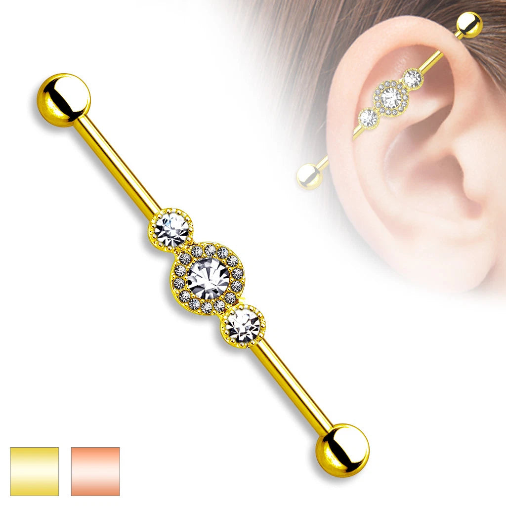 316L Surgical Steel Three CZ Centered Multi Paved Circle Gold Plated...