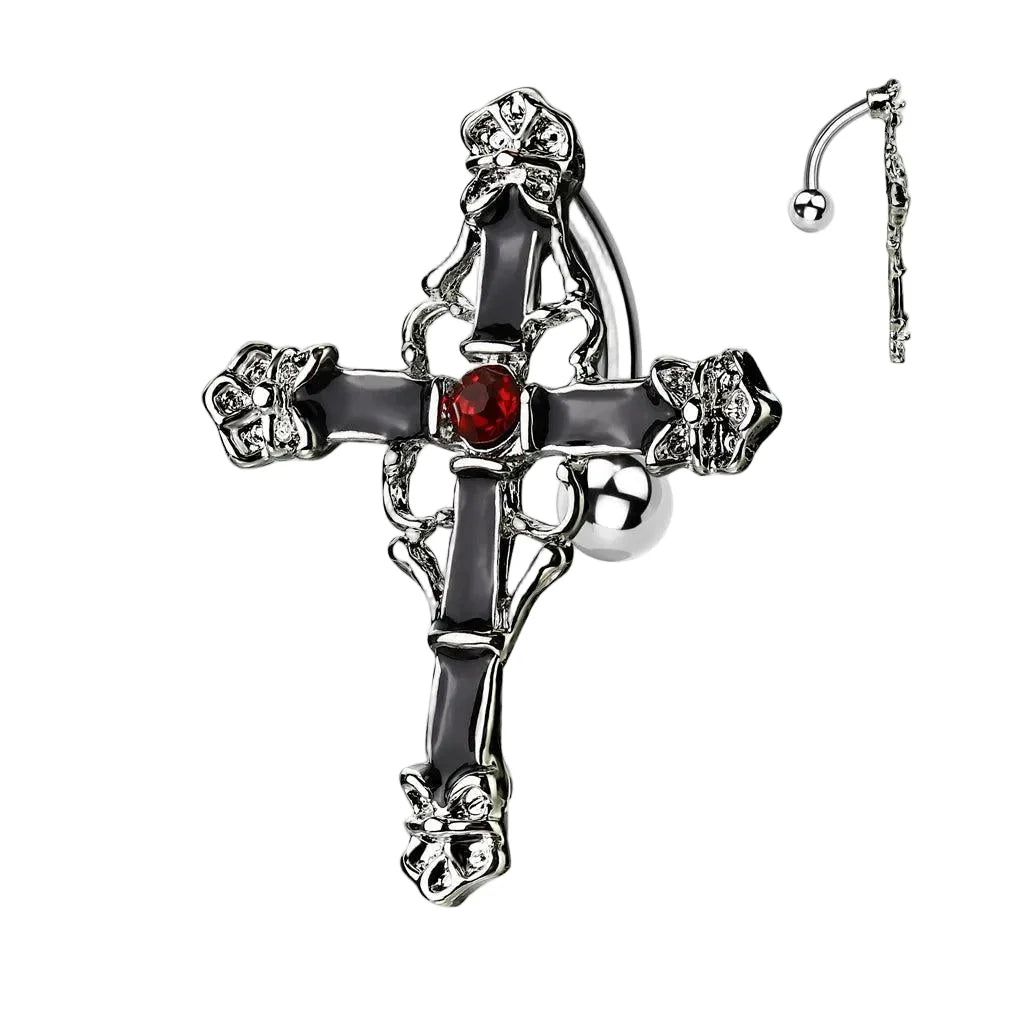 316L Surgical Steel Top Drop Navel Ring Black Enamel Colored Cross With...