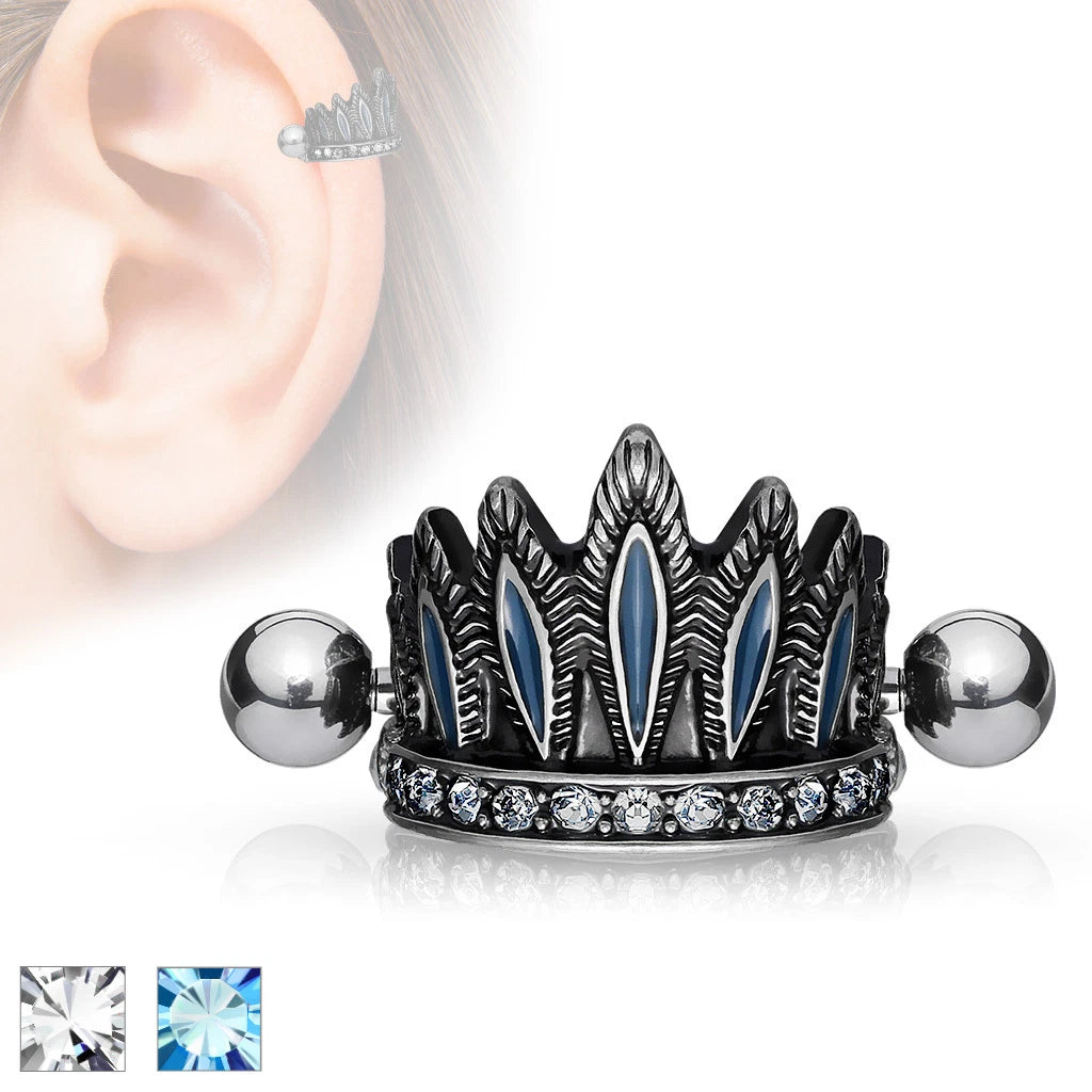 316L Surgical Steel Tribal Chief's Headdress Helix Cuff Antique Silver...