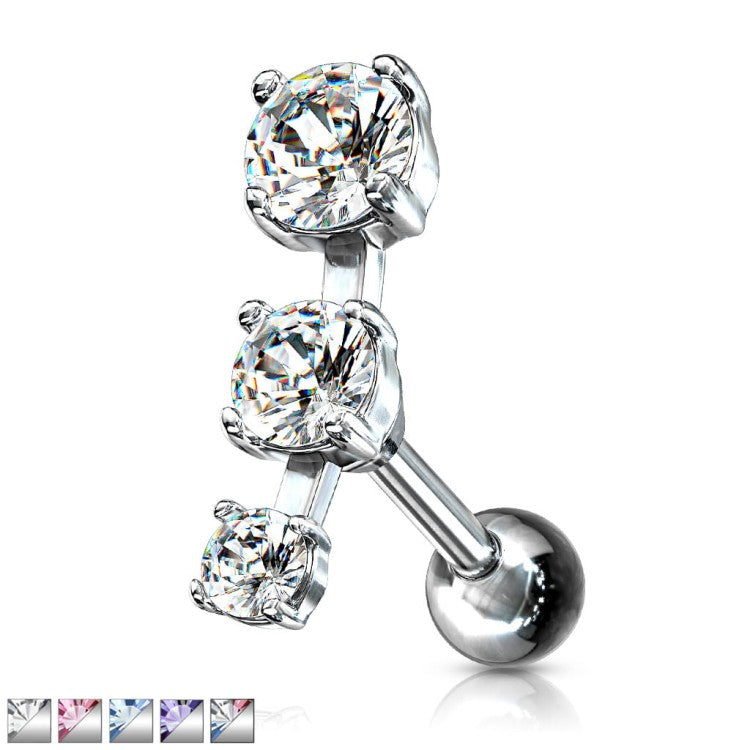 316L Surgical Steel Triple CZ Droplet Tragus/Cartilage Piercing Stud...
