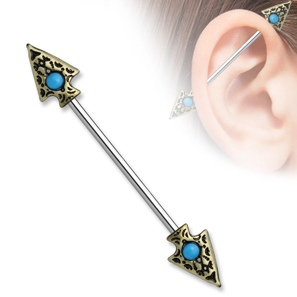 316L Surgical Steel Turquoise set Tribal Spear on Both sides 316L...