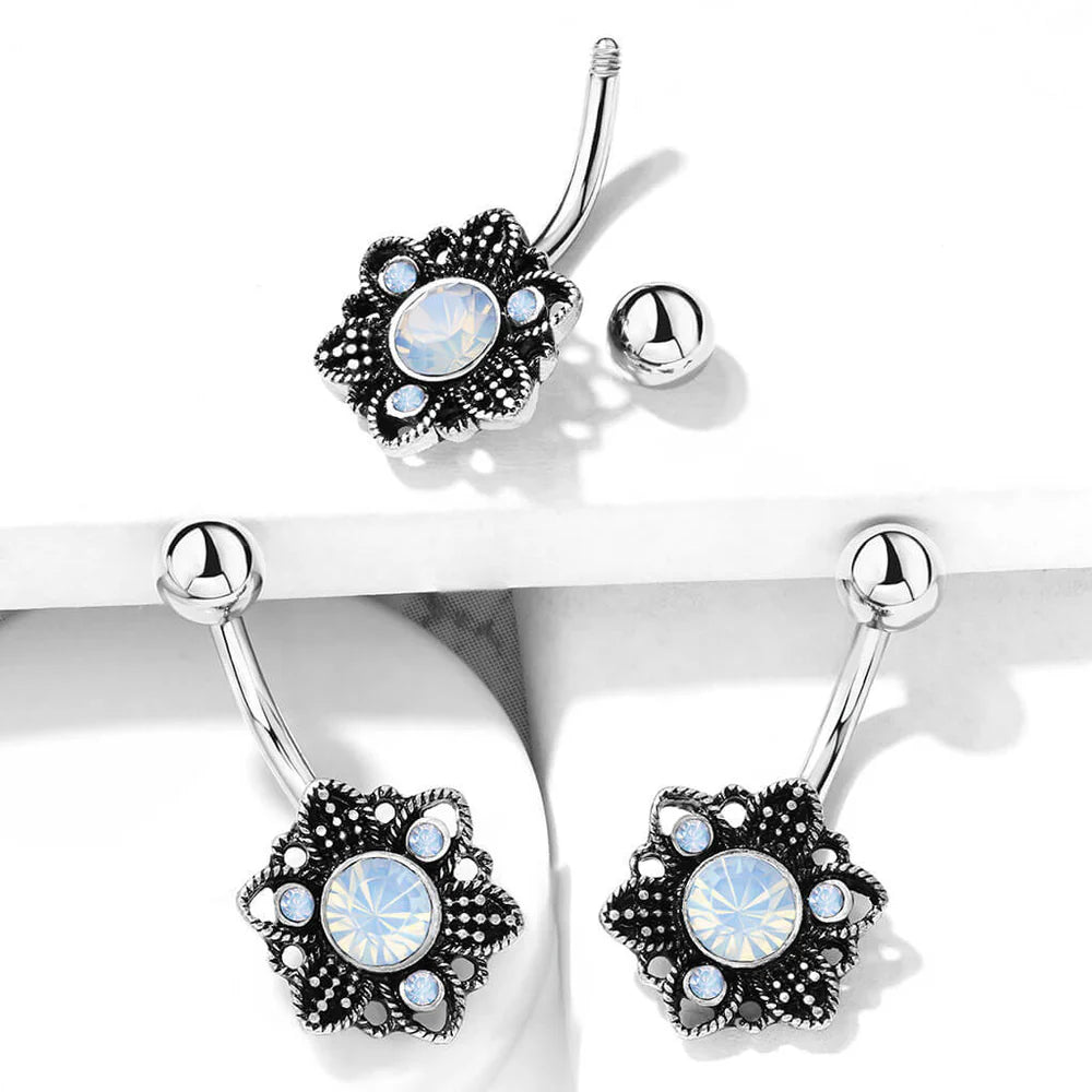 316L Surgical Steel White Opalite Crystal Set Flower 316L Surgical...