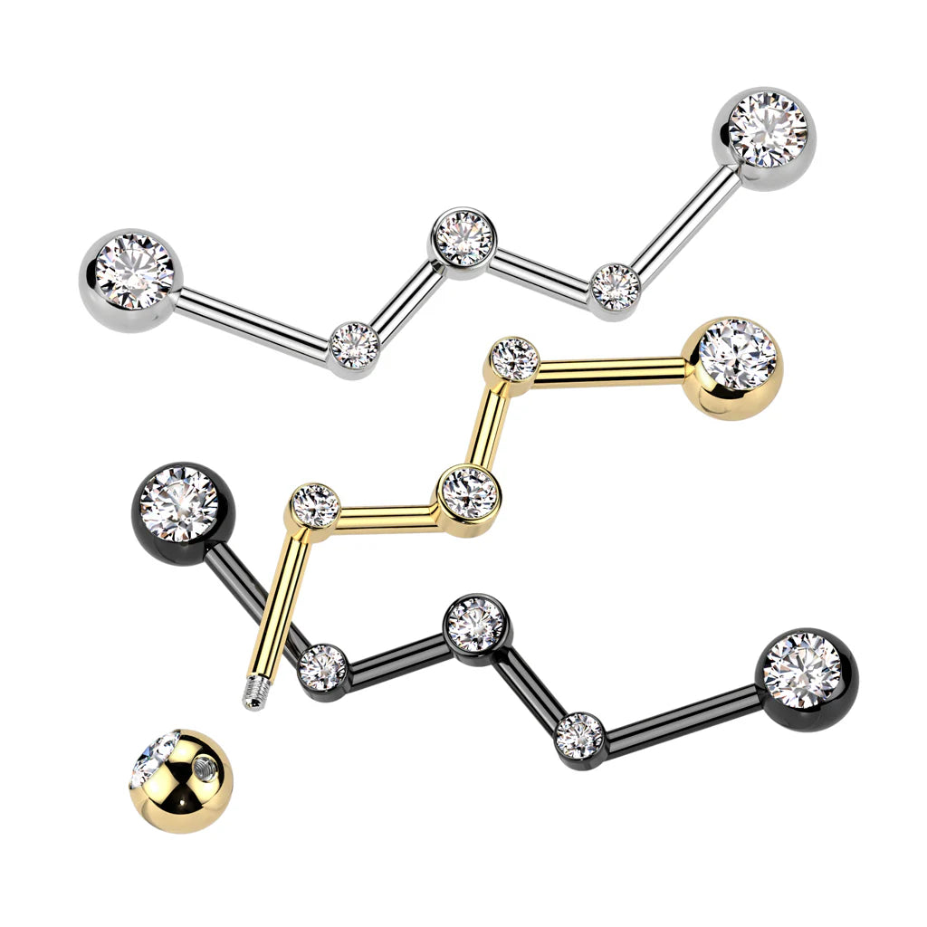 316L Surgical Steel Zig Zag Industrial Barbell With Bezel Set Forward...