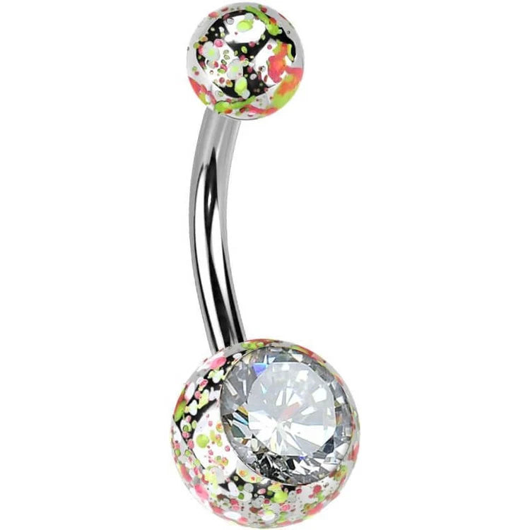 316L Surgical Steel with Pink and Yellow Paint Splatter Navel Ring with...