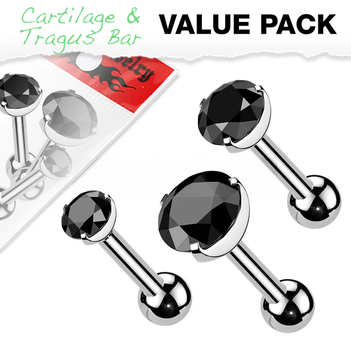 316L Tragus Bar with Black Round Gem Top