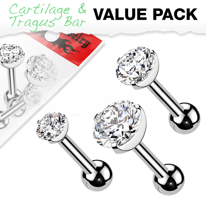 316L Tragus Bar with Clear Round Gem Top