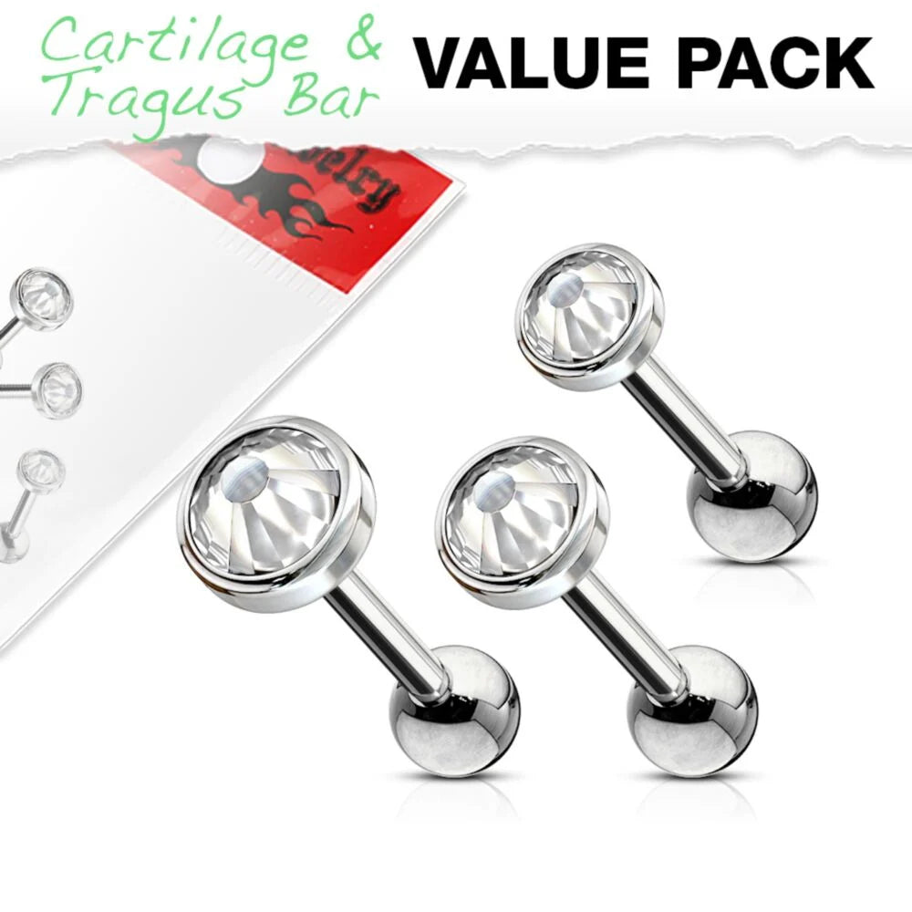 316L Tragus Bar with Press Fit Clear Gem Top