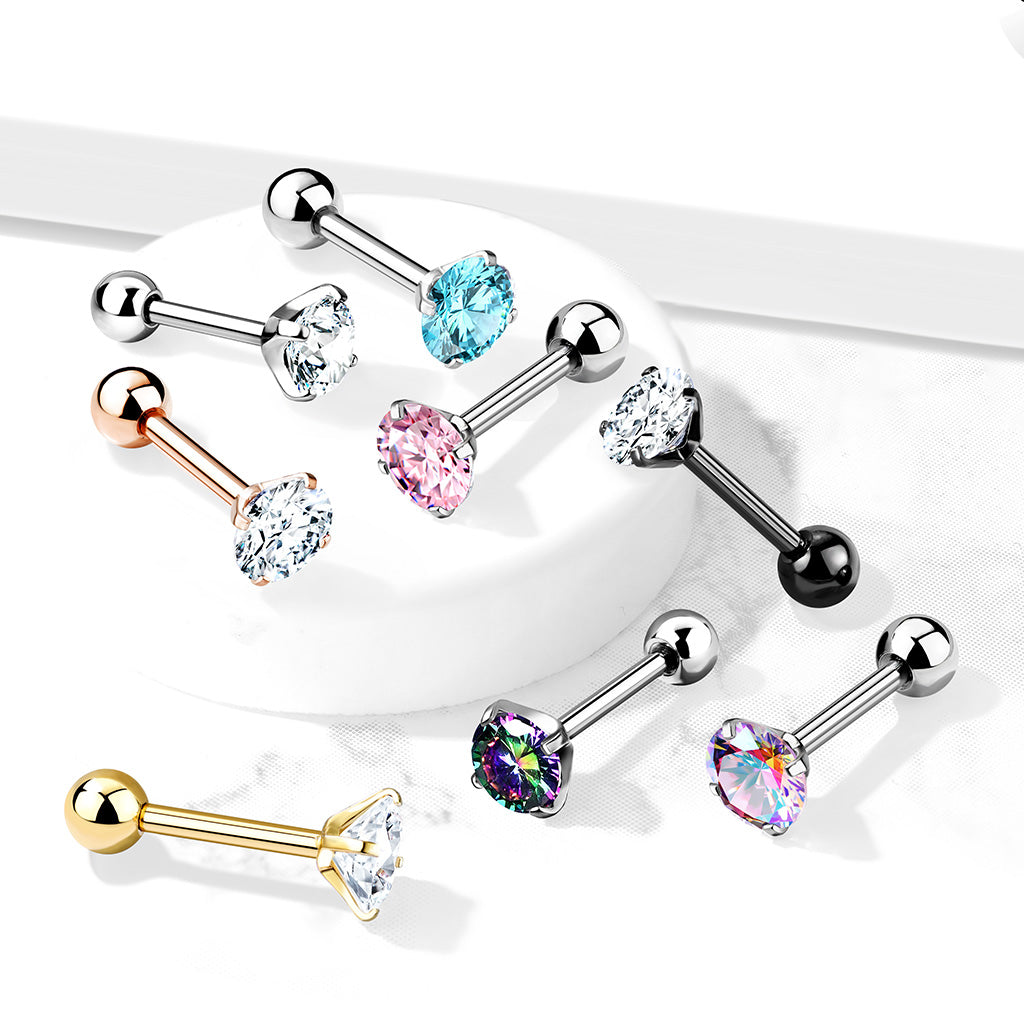 Implant Grade Titanium Cartilage, Tragu Barbell with Prong Set CZ