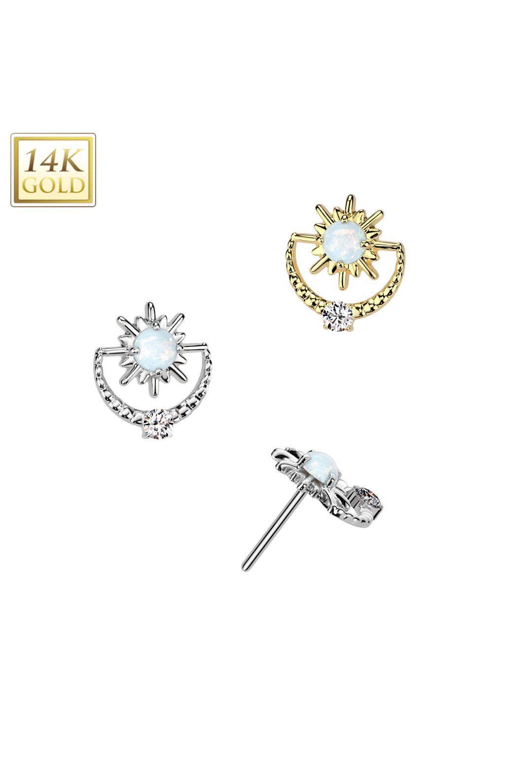 14KT Gold 14K Gold Threadless Push In Sunburst With Opal Center and CZ Top