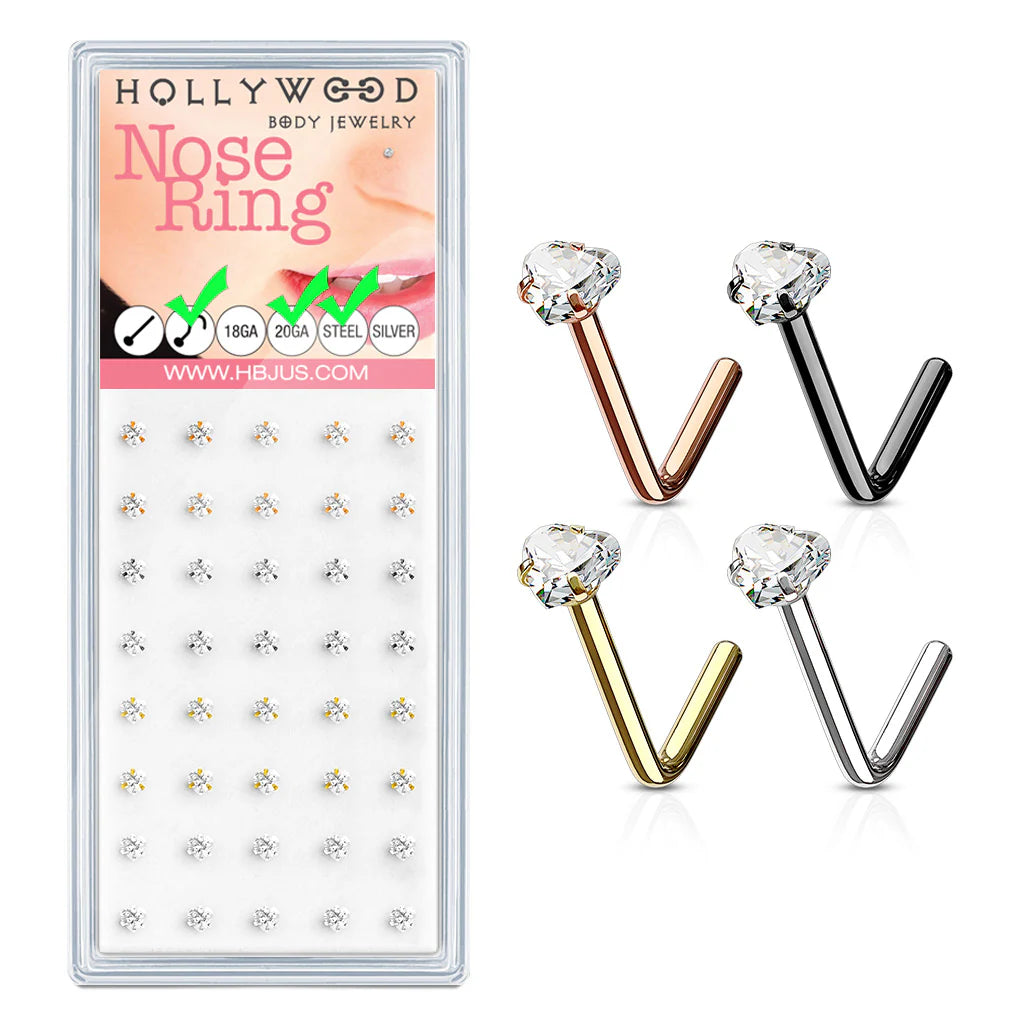 3mm Clear Heart CZ Prong Set IP Over 316L Surgical Steel "L" Bend Nose Stud Ring Pakcage