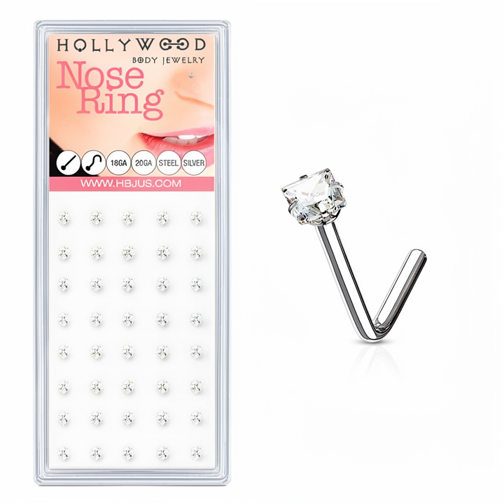 3mm Clear Square CZ Prong Set 316L Surgical Steel "L" Bend Nose Stud Ring Pakcage