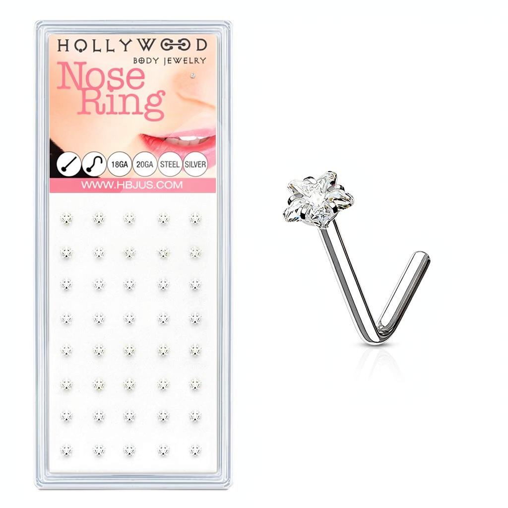 3mm Clear Star CZ Prong Set 316L Surgical Steel "L" Bend Nose Stud Ring Pakcage