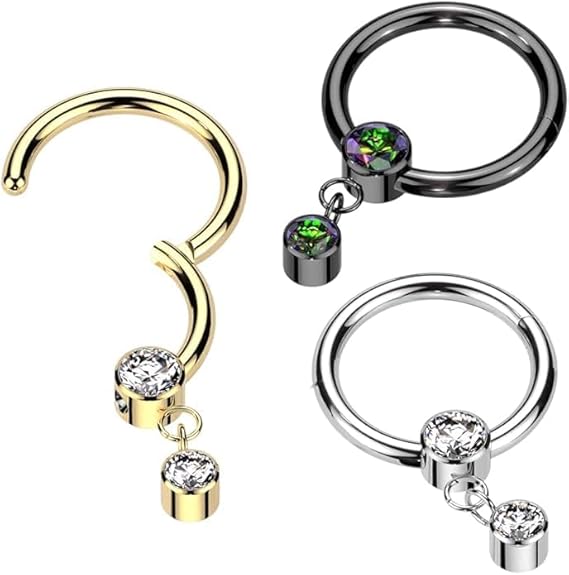 Implant Grade Titanium Hinged Segment Hoop Ring With Round Bezel Set CZ and Bezel Set CZ Dangle
