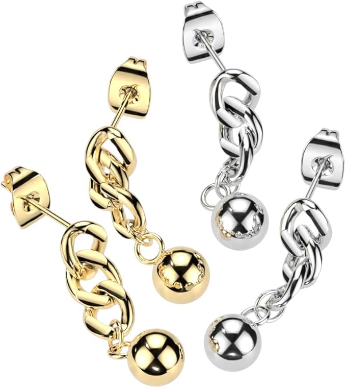 316L Surgical Steel Pair of 316L Chain Link With Ball Dangle Stud Earrings