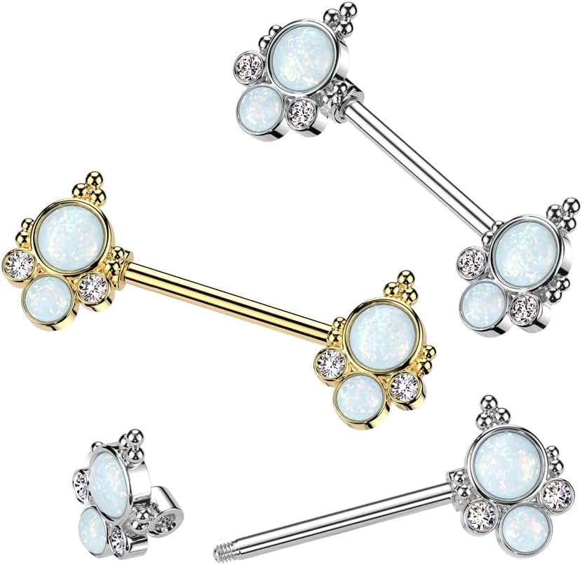 316L Surgical Steel 316L Surgical Steel Nipple Barbell With Double Opal...