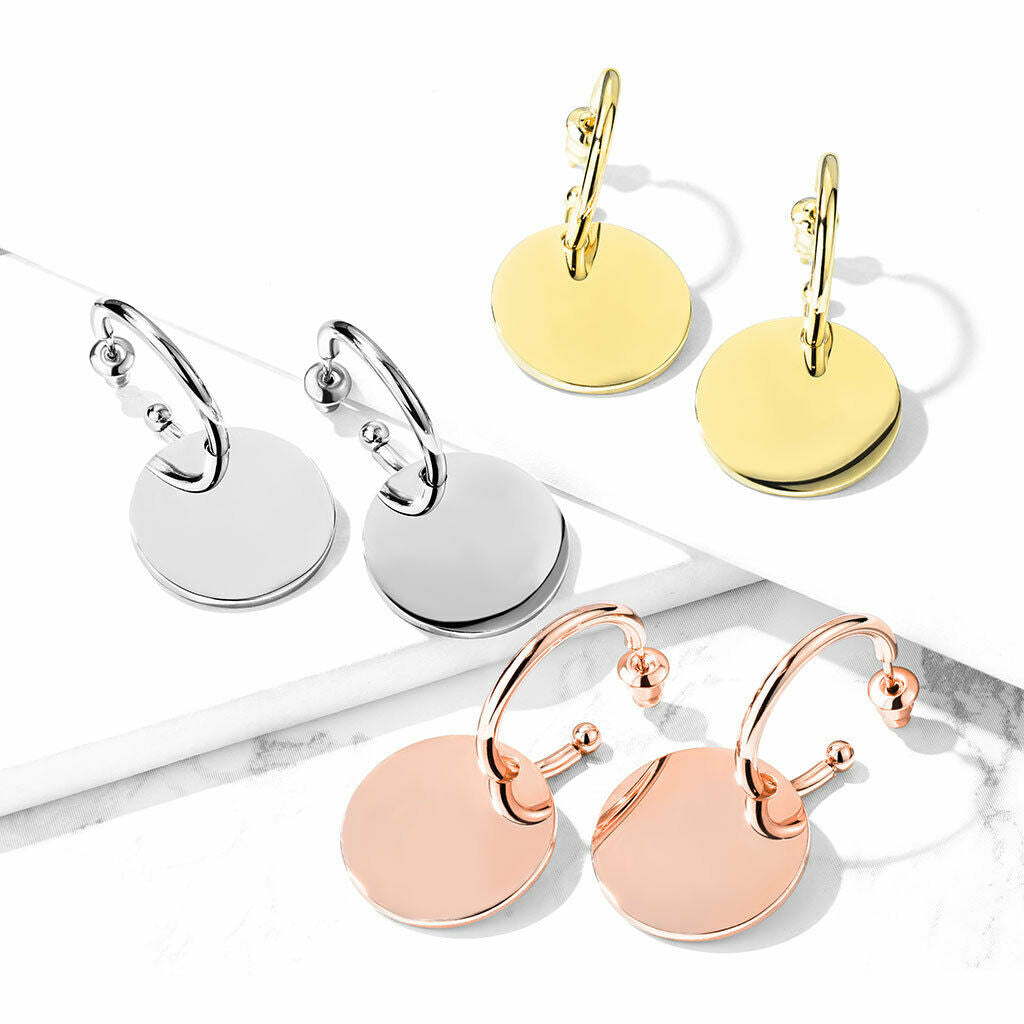 316L Surgical Steel Pair of Hoop Studs with Round Plate Dangle...