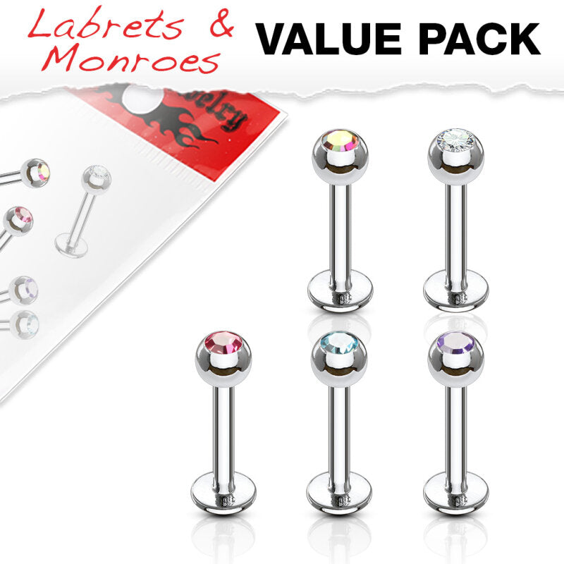 316L Surgical Steel Crystal Set Ball Top Labret Monroe. 16ga 5/16