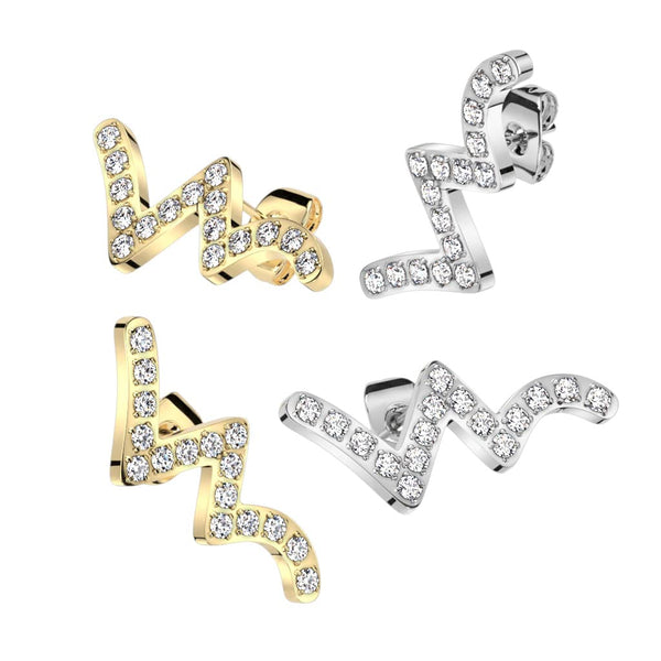 316L Surgical Steel Pair of CNC CZ Wave 316L Stainless Steel Stud Earrings