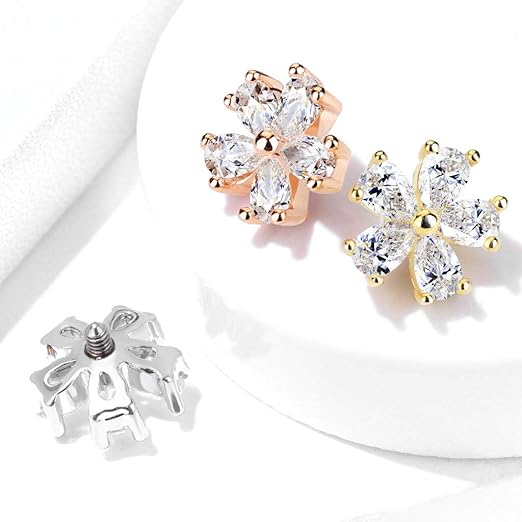 316L Surgical Steel Five Pear CZ Flower Internally Threaded Dermal Top