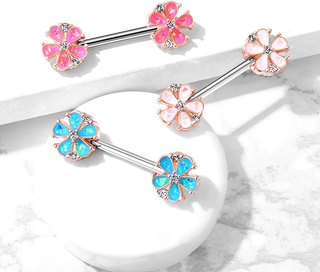 316L Surgical Steel Opal Glitter Filled Rose Gold Plated 5 Petal Flower...