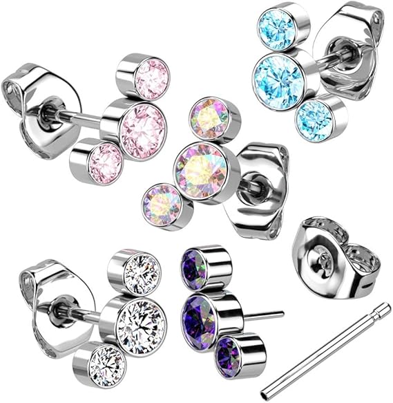 1pc Implant Grade Titanium Threadless Push In 3 Round Bezel Set CZ Curve Top Earring Stud