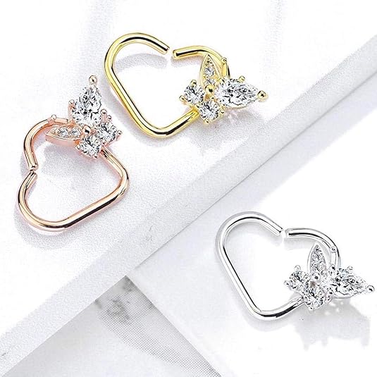 Brass CZ Butterfly set Heart Shape Ear Cartilge, Daith Hoop Rings