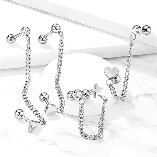 Flat Top Barbell and Chain Linked Crystal Set Barbell 316L Surgical Steel