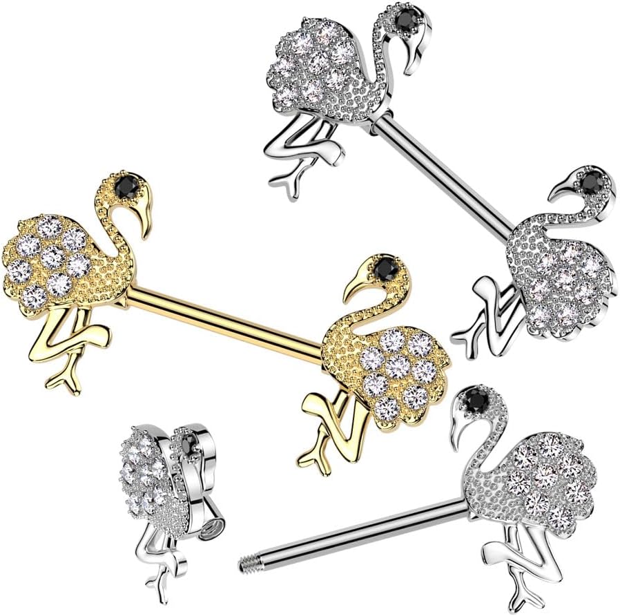 316L Surgical Steel 316L Surgical Steel Nipple Barbell With CZ Flamingo...