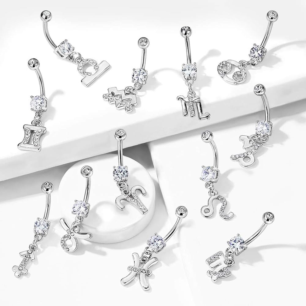 316L Surgical Steel 316L Surgical Steel Zodiac Symbol With Clear Gems...