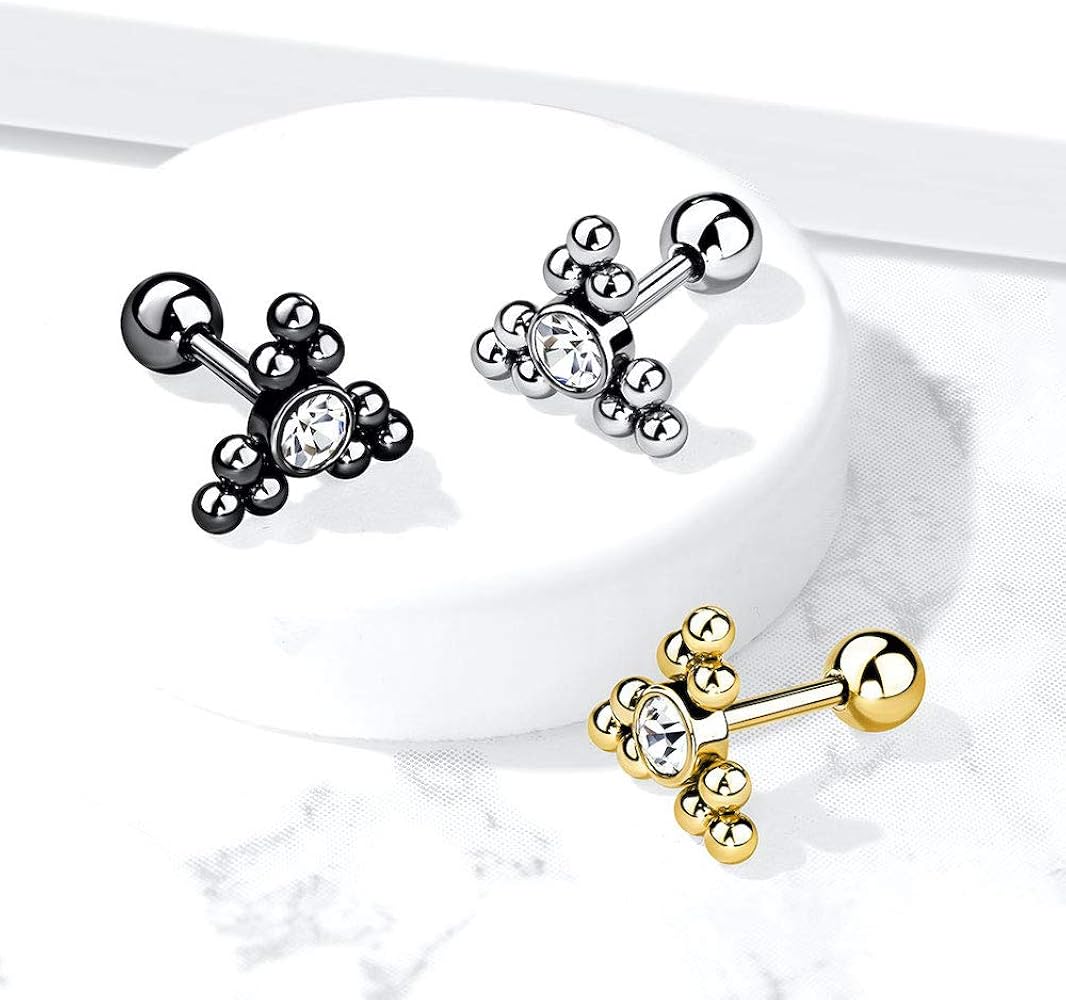 Clear Gem Set Center Ball Cluster Triangle Top 316L Surgical Steel...
