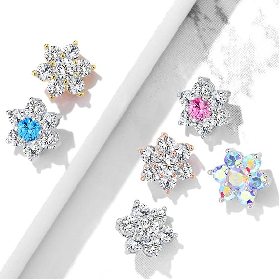 316L Surgical Steel 7 CZ Flower Internally Threaded Dermal Tops