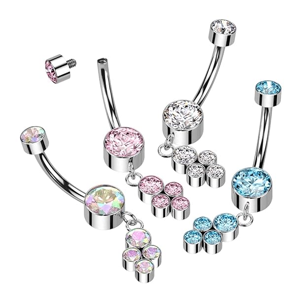 Implant Grade Titanium Internally Threaded Double Bezel Set CZ With Dangle Cluster of 4 Bezel Set CZ Belly Button Ring