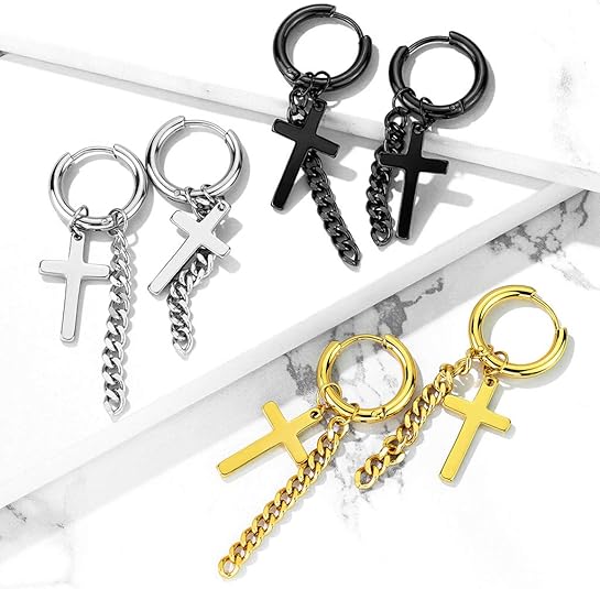 316L Surgical Steel Pair of Cross and Chain Dangle 316L Stainless Steel...
